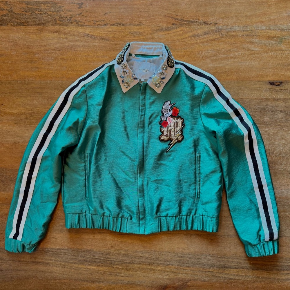 Maje Embellished Collar Green Bomber Jacket Beaded Embroidered Striped Size 40